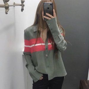 Equipment Green and Pink Striped Blouse